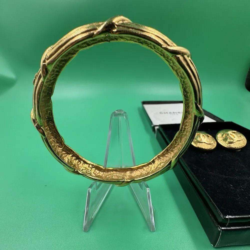 Vintage Chanel Paris Gold Tone Bangle Bracelet & Clip Earrings Set Original Box